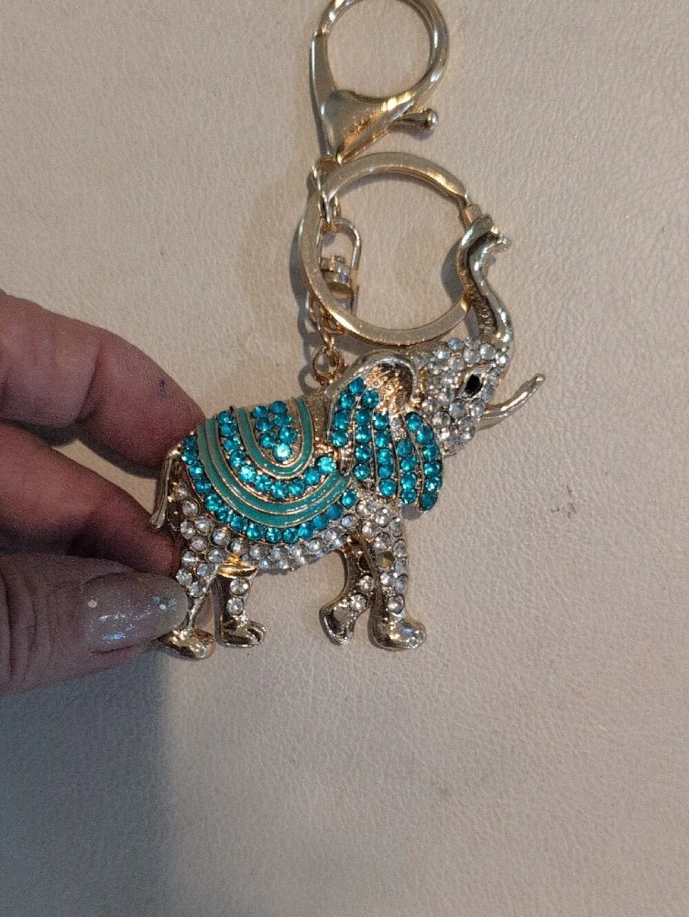 Gold Elephant Keychain with Turquoise Crystals - Women Accessories